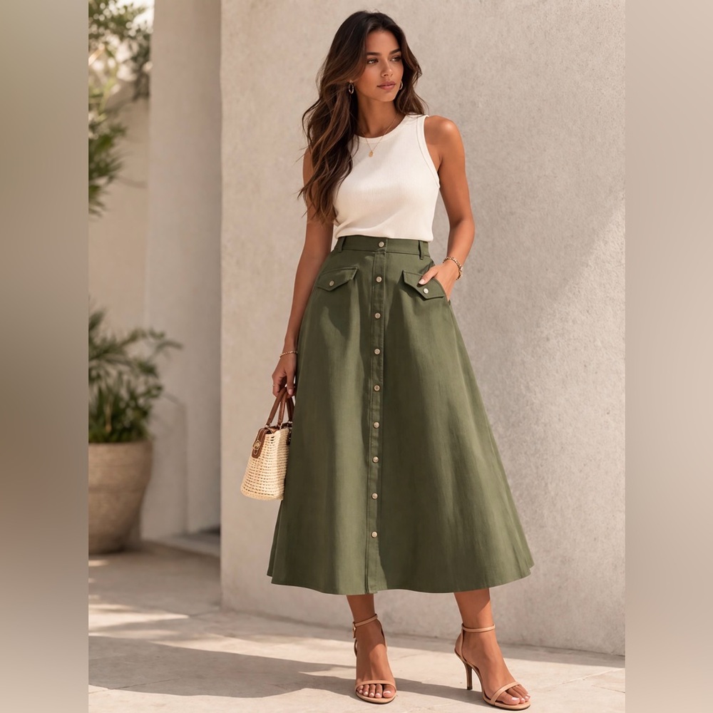 NWT Tuckernuck Olive Green Button Front A-Line Midi/Maxi Skirt Size 6 Pockets - Picture 2 of 6